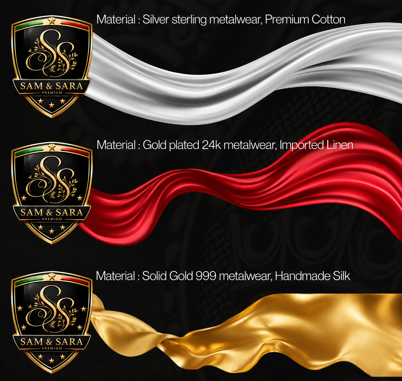 Sam & Sara Our Products — Silver, Gold Plated 24K, and Solid Gold 999 tiers