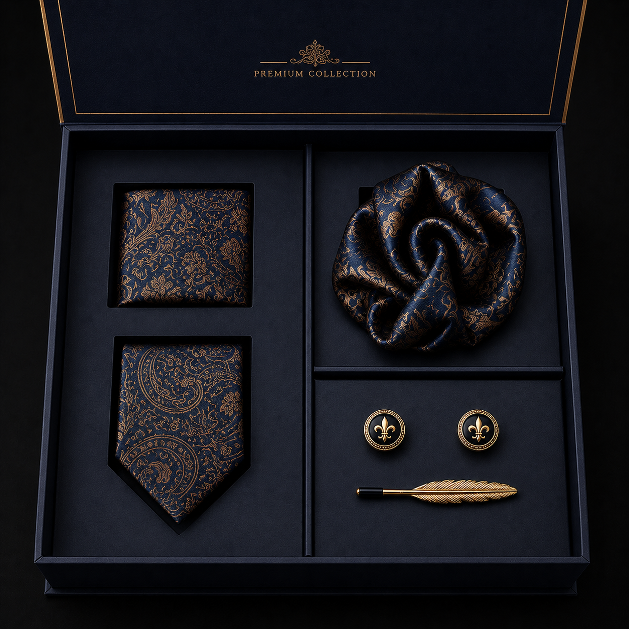 Sam & Sara Premium Collection boxed set — tie, pocket square, cufflinks, and tie bar